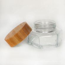 Face cream packaging container Luxury 50g Hexagon round glass cream jar with wood lid